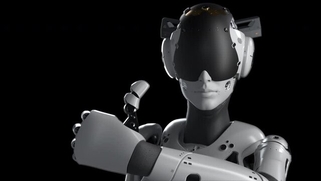 a female robot makes a thumbs-up gesture, indicating the correctness of decisions. has an alpha channel