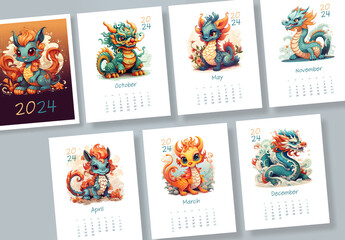 2024 Calendar with dragons illustrations AI generated 