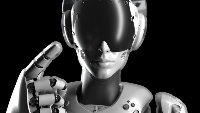 a close-up portrait of a robot making a gesture to come closer. has an alpha channel