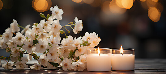 Obraz na płótnie Canvas white flowering branch and 3 white candle lights outside in a garden, floral concept with burning candles decoration for contemplative athmosphere background