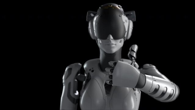 a female robot makes a thumbs-up gesture, indicating the correctness of decisions. has an alpha channel