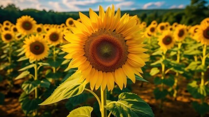 Sunflower field with blue sky background. Sunflower blooming in summer.