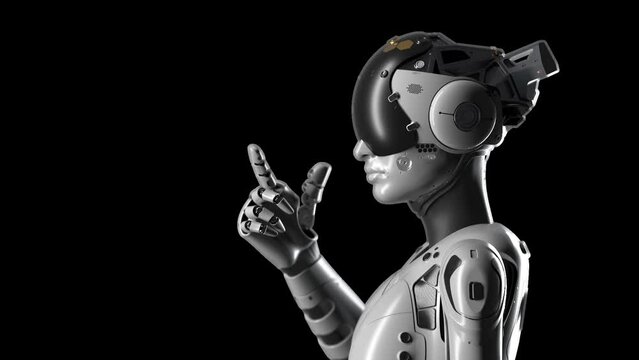 robot woman in side view, robot makes a gesture to come closer. has an alpha channel