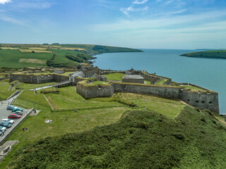 Aerial view of Charles Fort, start shape coastal military stronghold at Kinsale Bay Ireland with...