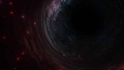 Black hole passing a red blue galaxy nebula star cluster with shining solar systems in infinite cosmos. Concept 3D illustration for depiction of gravitational lens effect of a singularity in universe.