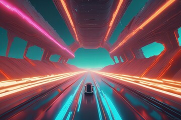 neon lights in sci - fi tunnel with neon lines and reflections on a background with a blue sky. 3 d renderingneon lights in sci - fi tunnel with neon lines and reflections on a background with a blue  - obrazy, fototapety, plakaty