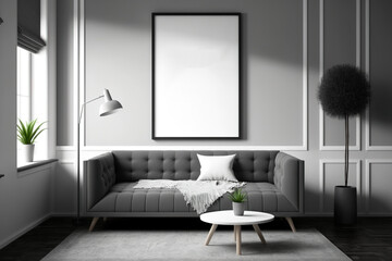 A poster-adorned gray living room mockup. Generative AI