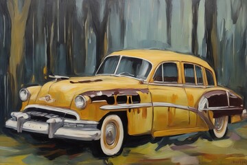 old car on the background of the forestold car on the background of the forestoil painting, colorful background