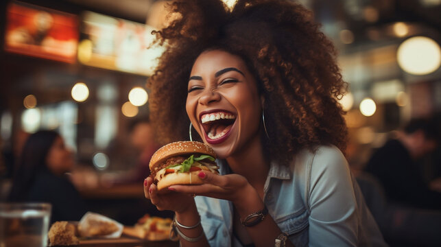 Young American african woman eating burger enjoying her life in the cafe, Hamburger, fast food, brunch in restaurant lunch meal craving deal