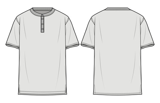 Short Sleeve Henley Neck Side Slit Oversized T-Shirt Fashion Flat Sketch Vector Illustration, CAD, Technical Drawing, Flat Drawing, Template, Mockup.	