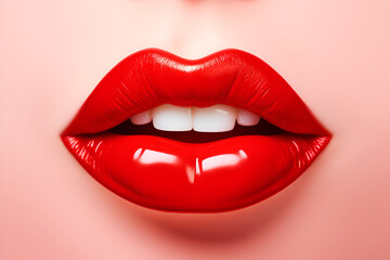 Red lips, close up view. Open mouth with white teeth.