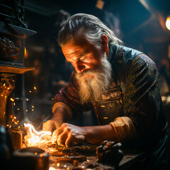 A medieval blacksmith forging in a workshop