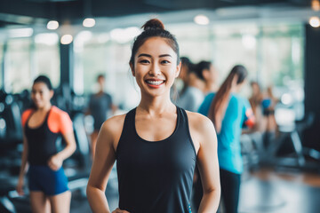 Young smiling asian woman fitness coach at work