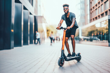 Young black man in sport clothes and sunglasses driving scooter, modern lifestyle