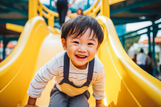 Little happy asian boy playing on the yellow slide at playground