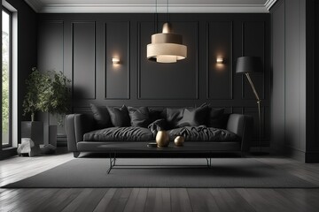 black living room interior design with a wooden sofa and a black background.black living room interior design with a wooden sofa and a black background.modern living room with sofa and lamp