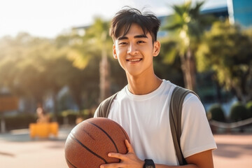 Young smiling asian man with backpack holding a basketball