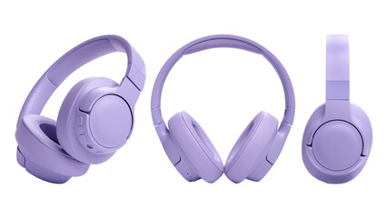 Closeup of purple gaming headphones, isolated on white background.