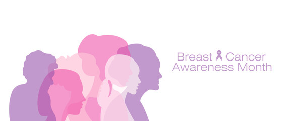 Banner with silhouettes of women standing side by side and space for text.Breast Cancer Awareness Month.Flat vector illustration.