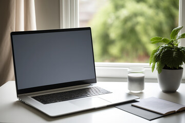 Fototapeta premium Laptop on home table with blank screen. Homework idea. Generative AI