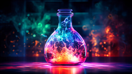Neon potion bottle glowing with magical contents - obrazy, fototapety, plakaty
