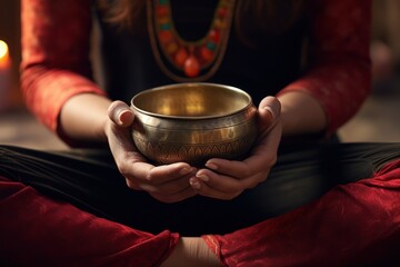 Fototapeta na wymiar Women's hands with singing Tibetan bowl