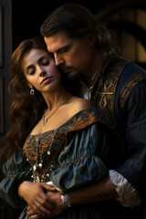 The prince and princess embrace each other tenderly. A couple in love in beautiful medieval clothes. King and queen, sultan and concubine. Cover for a love story