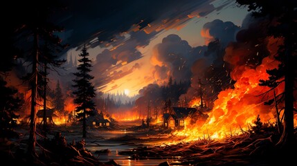 Viewed from above, a vast forest fire engulfs the scenery, underlining the awe-inspiring might of the elemental fire and its unleashed wrath. - obrazy, fototapety, plakaty
