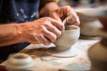 Fototapeta na wymiar Men's hands on potter's wheel make jug