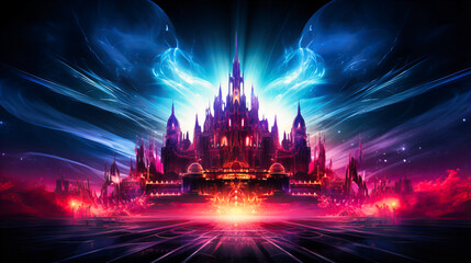 Neon castle standing tall in a realm of light - obrazy, fototapety, plakaty