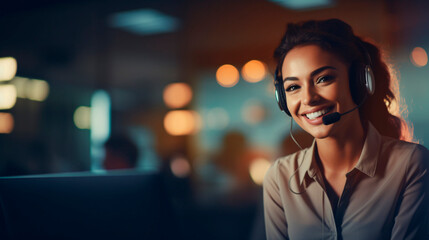 Female call center worker smiling and working answering the call providing service with courtesy and attention. 