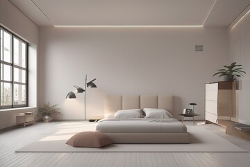 white bedroom interior with wooden walls, floor, bed and parquet floor, bedside table with bedside tables. minimalist modern design.white bedroom interior with wooden walls, floor, bed and parquet flo
