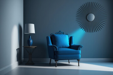 modern interior with sunlight classic blue empty mockup wall. Generative AI