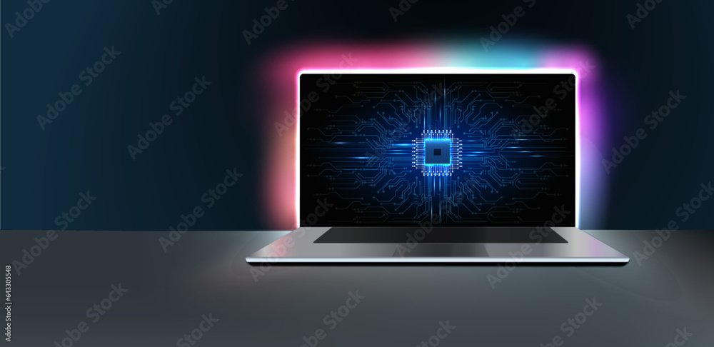 Poster central computer processors cpu concept. motherboard digital chip. processor with lights on the blue