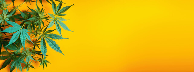 Fototapeta na wymiar Cannabis Blätter mit gelben Hintergrund - Platz für Texte