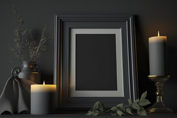 A shelf with picture frames against a dark background. mocap. a contemporary space with dark tones. candle and photo frame up close. Generative AI