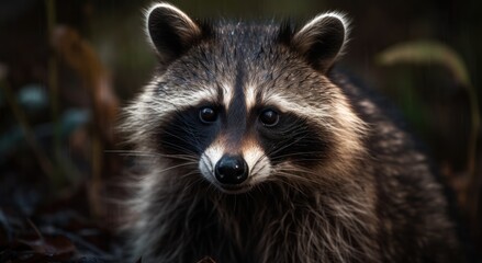 Portrait of a raccoon in the forest, close-up