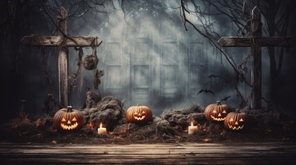 Halloween celebration background scary nightmare with dark moon light cemetery.