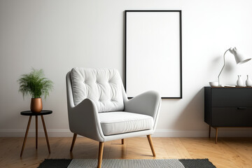 mock-up of a poster frame in a minimalistic Scandinavian apartment with a blanket-covered armchair, a coffee table, a rug, and an empty white wall. Generative AI