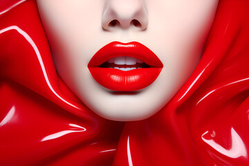 Woman's face with red lips framed by liquid red plastic. - obrazy, fototapety, plakaty