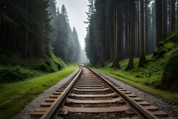railroad tracks in the forest - obrazy, fototapety, plakaty