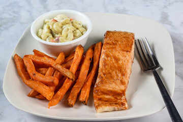 barbecue baked salmon  with sweet potato fries