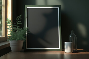 mockup of a green blackboard with sunlight on a side table at home. Generative AI