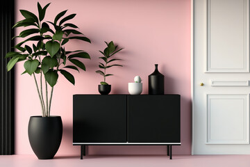 Black and white living room with door, sideboard, and plant pot on pink background. original composition copy space. website, presentation, studio, or clothes store. Generative AI