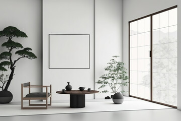 Fototapeta na wymiar Japanese minimalist workstation background. Generative AI