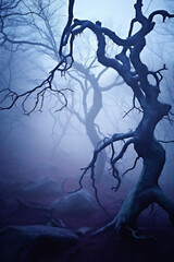 Eerie Haunted Forest Landscape with Twisted Gnarled Trees, Halloween, Generative AI