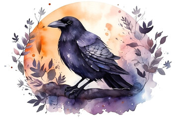 Cute full length happy raven in watercolor illustration  - obrazy, fototapety, plakaty