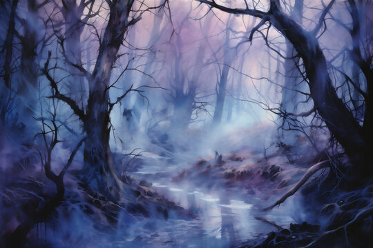 Vibrant Watercolor Painting, Eerie Haunted Forest Landscape with Twisted Gnarled Trees, Halloween, Generative AI