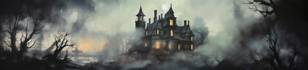 Watercolor Painting Eerie Haunted Landscape with Haunted Mansion, Halloween, Generative AI