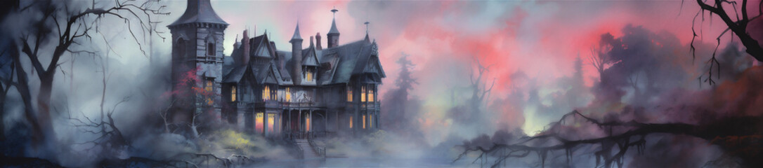 Fototapeta na wymiar Watercolor Painting Eerie Haunted Landscape with Haunted Mansion, Halloween, Generative AI